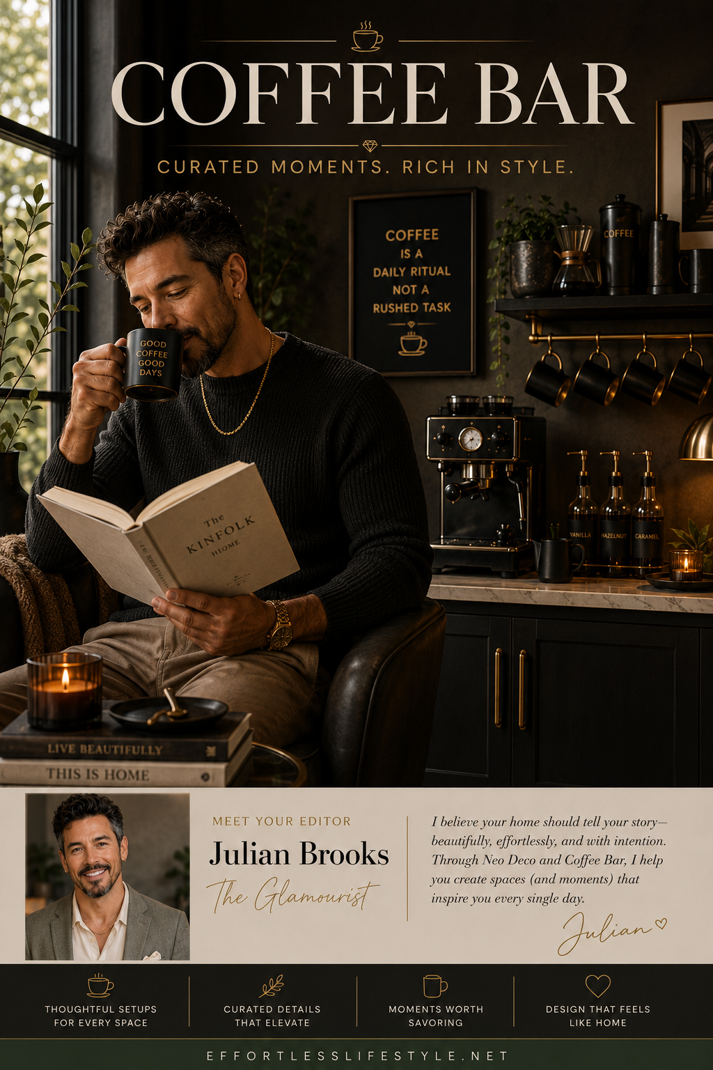 Julian Brooks enjoying coffee beside a stylish home coffee bar