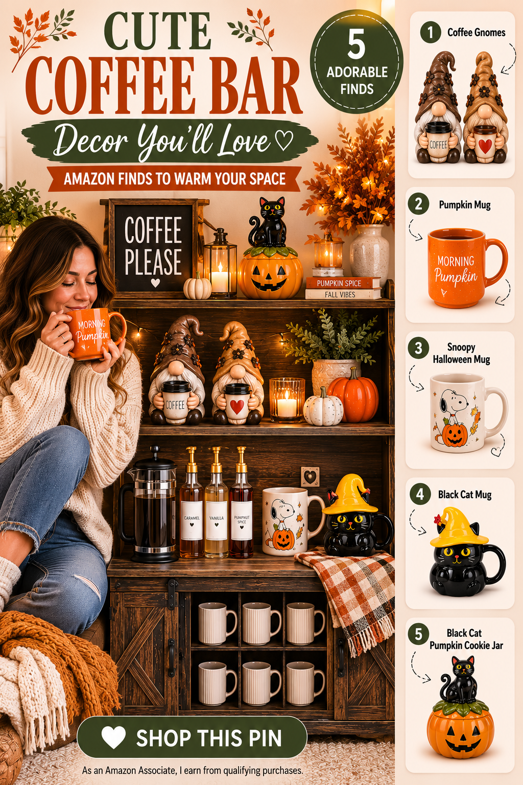 Cute fall coffee bar styled with whimsical mugs, pumpkins, gnomes, and playful seasonal décor