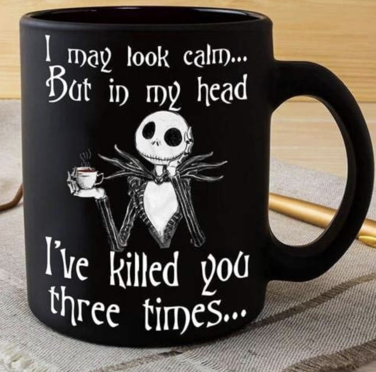 Black skeleton coffee mug with humorous quote