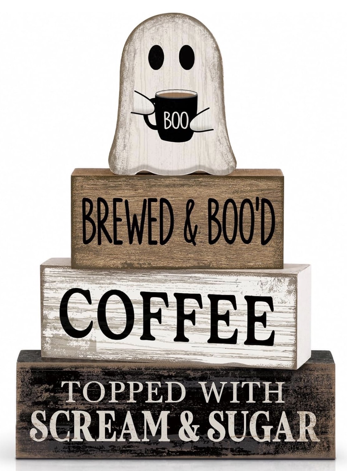 Stacked ghost and coffee themed Halloween block decor