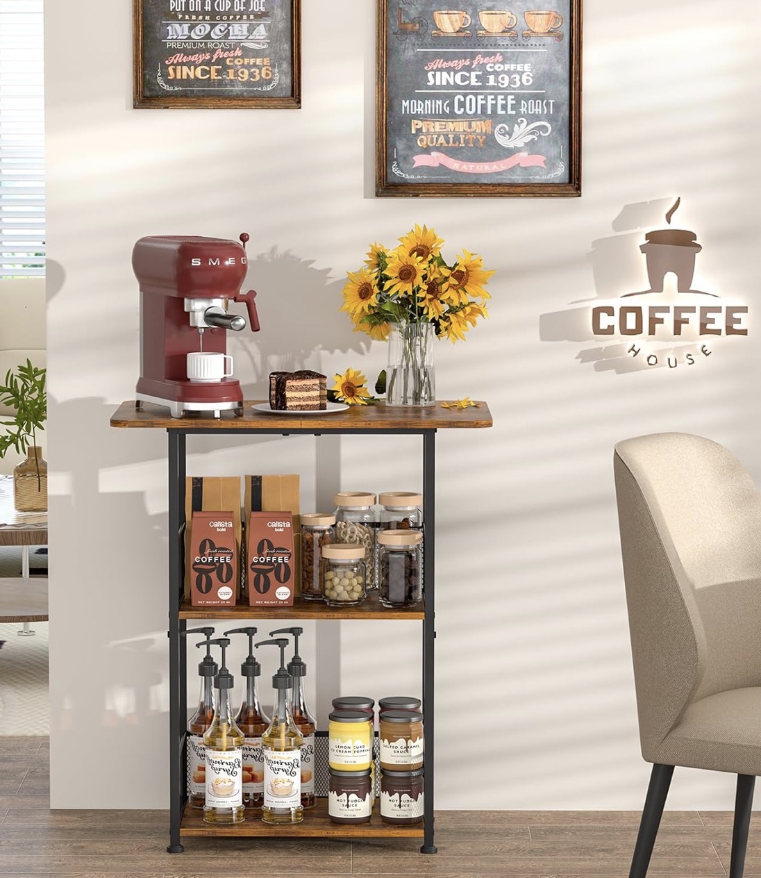 Compact black metal and wood coffee bar stand
