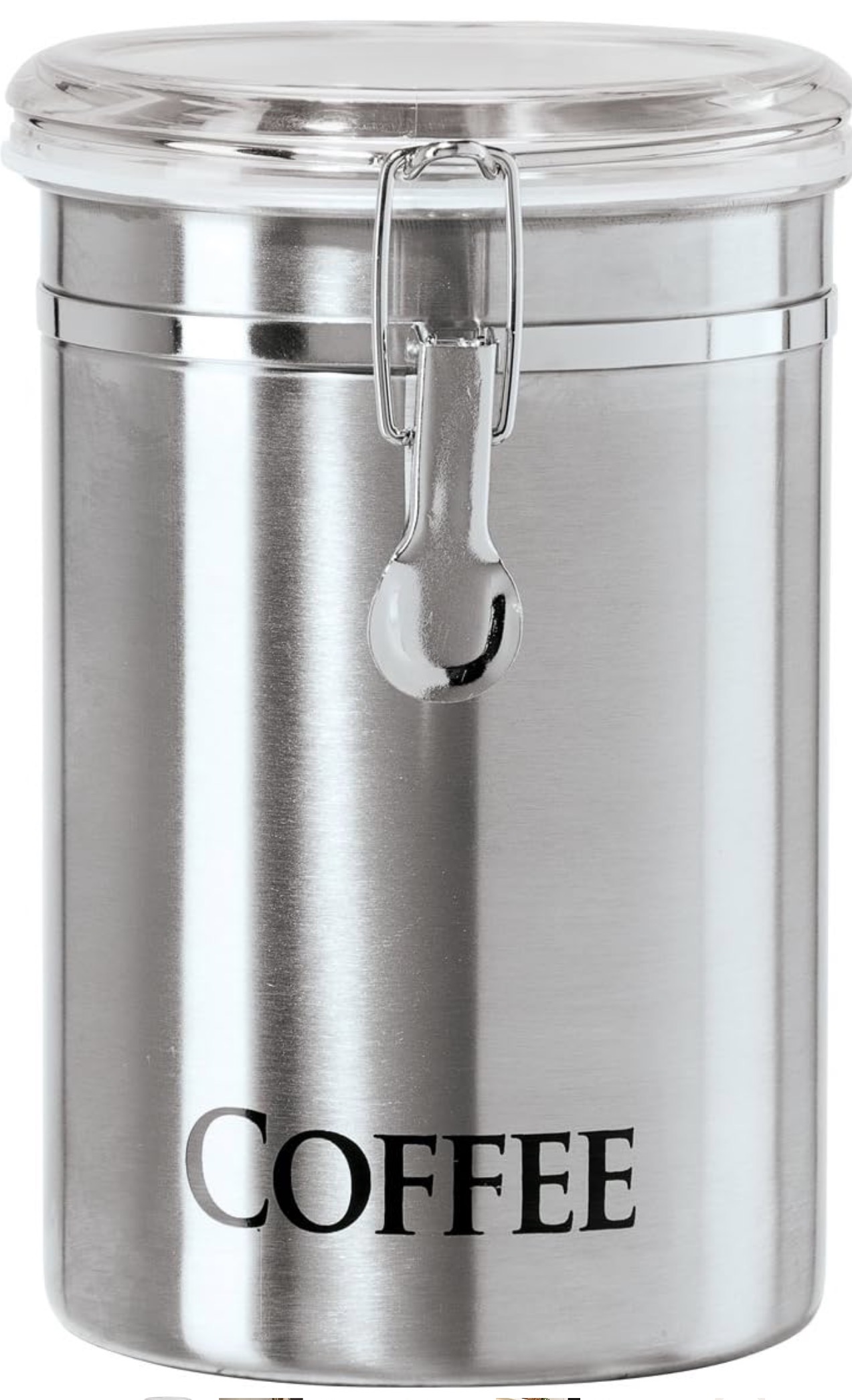 Stainless steel airtight coffee canister with scoop.