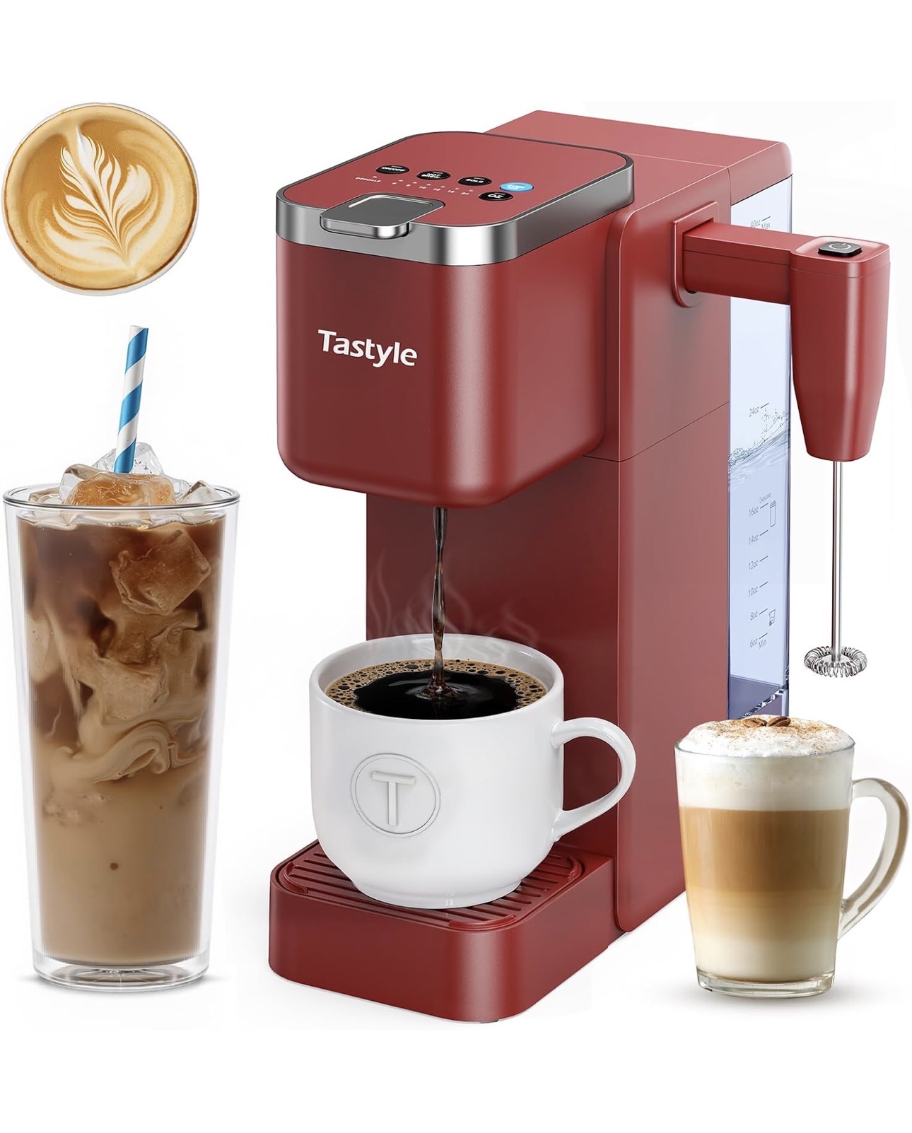 Red coffee brewer with side milk frother.