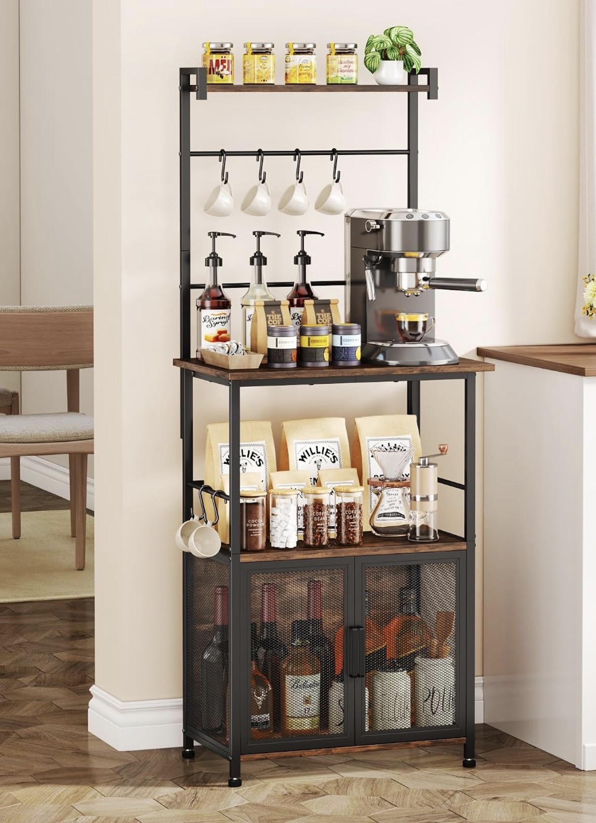 Narrow coffee bar with shelves, hooks, countertop and enclosed storage.