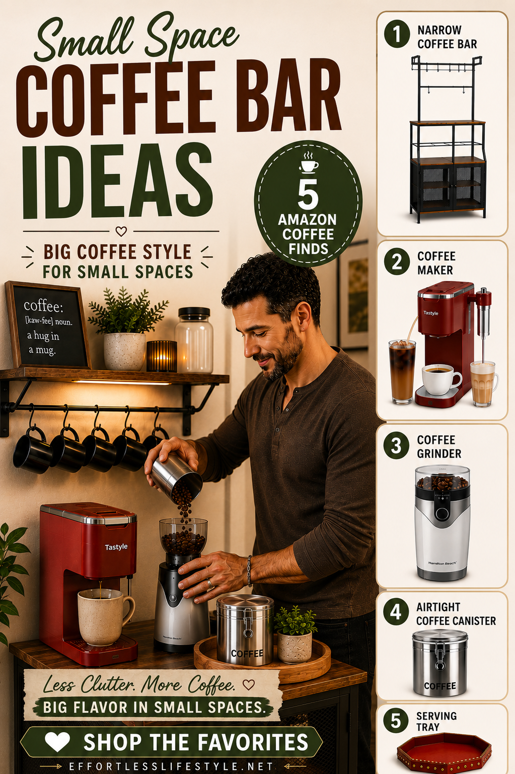 Julian Brooks filling a coffee grinder at a compact apartment coffee bar.
