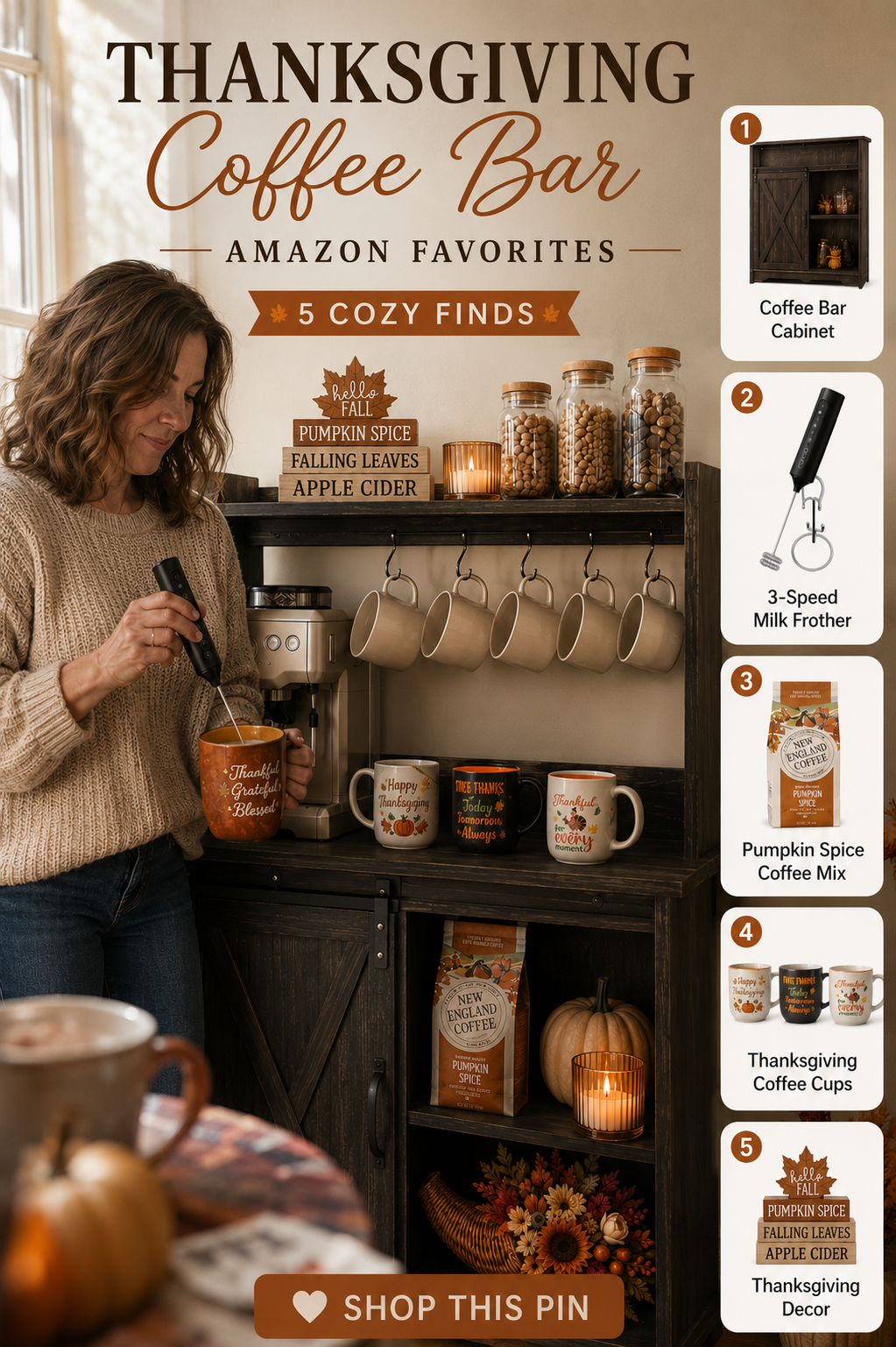 Thanksgiving coffee bar with warm fall decor, mugs, coffee, and farmhouse styling