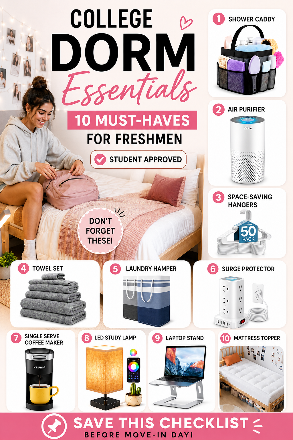 Top 10 college freshman dorm necessities arranged in a stylish dorm room