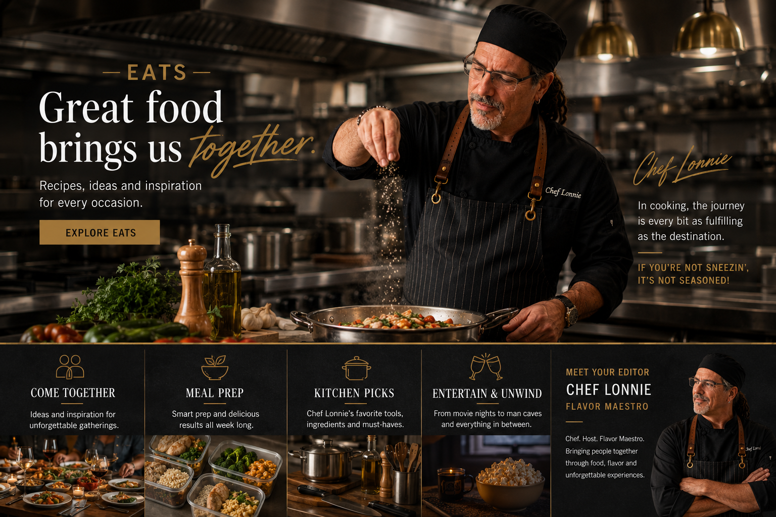Chef Lonnie seasoning a dish in a commercial kitchen