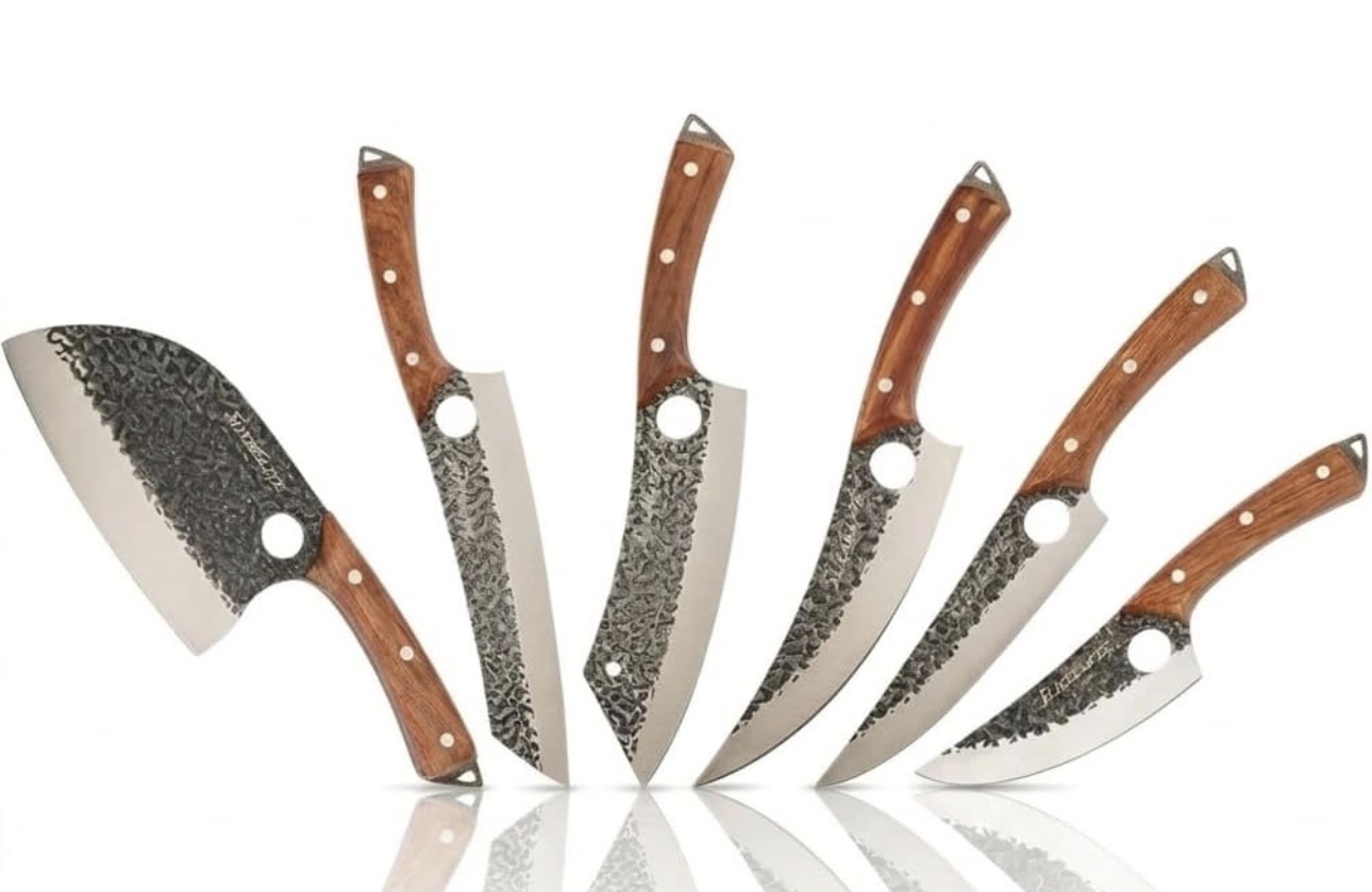 SliceElite knife set with wood handles and hammered blades