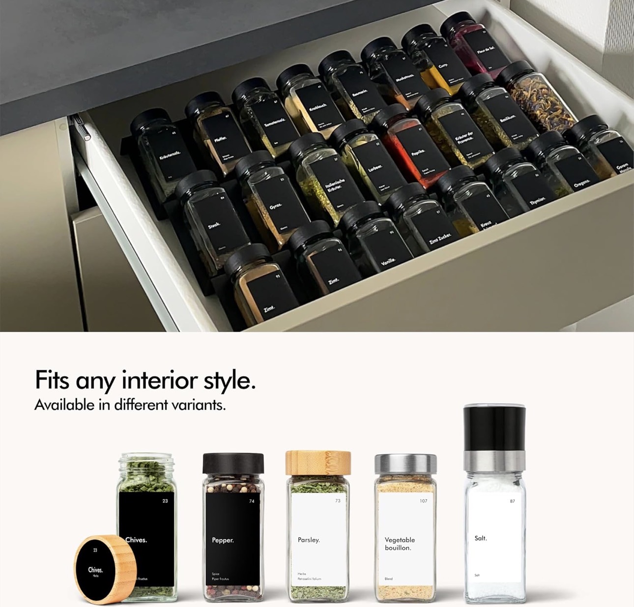 Spice drawer organizer filled with labeled spice jars