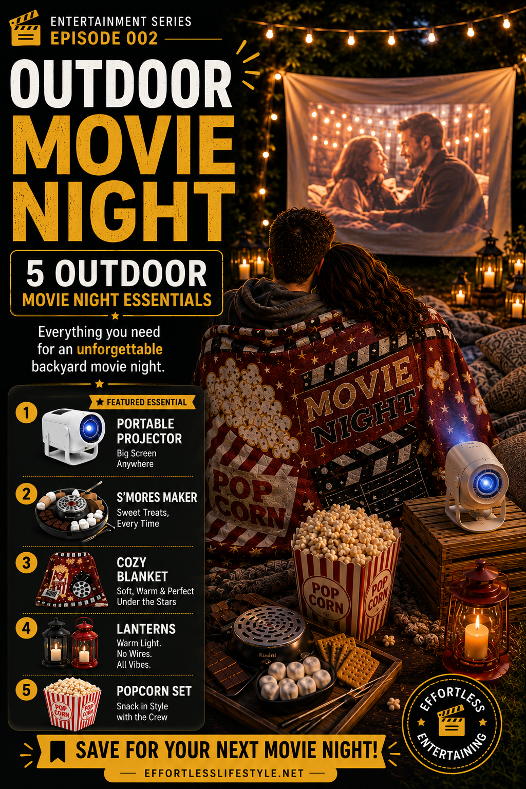 Outdoor movie night with projector, lanterns, blanket and snacks