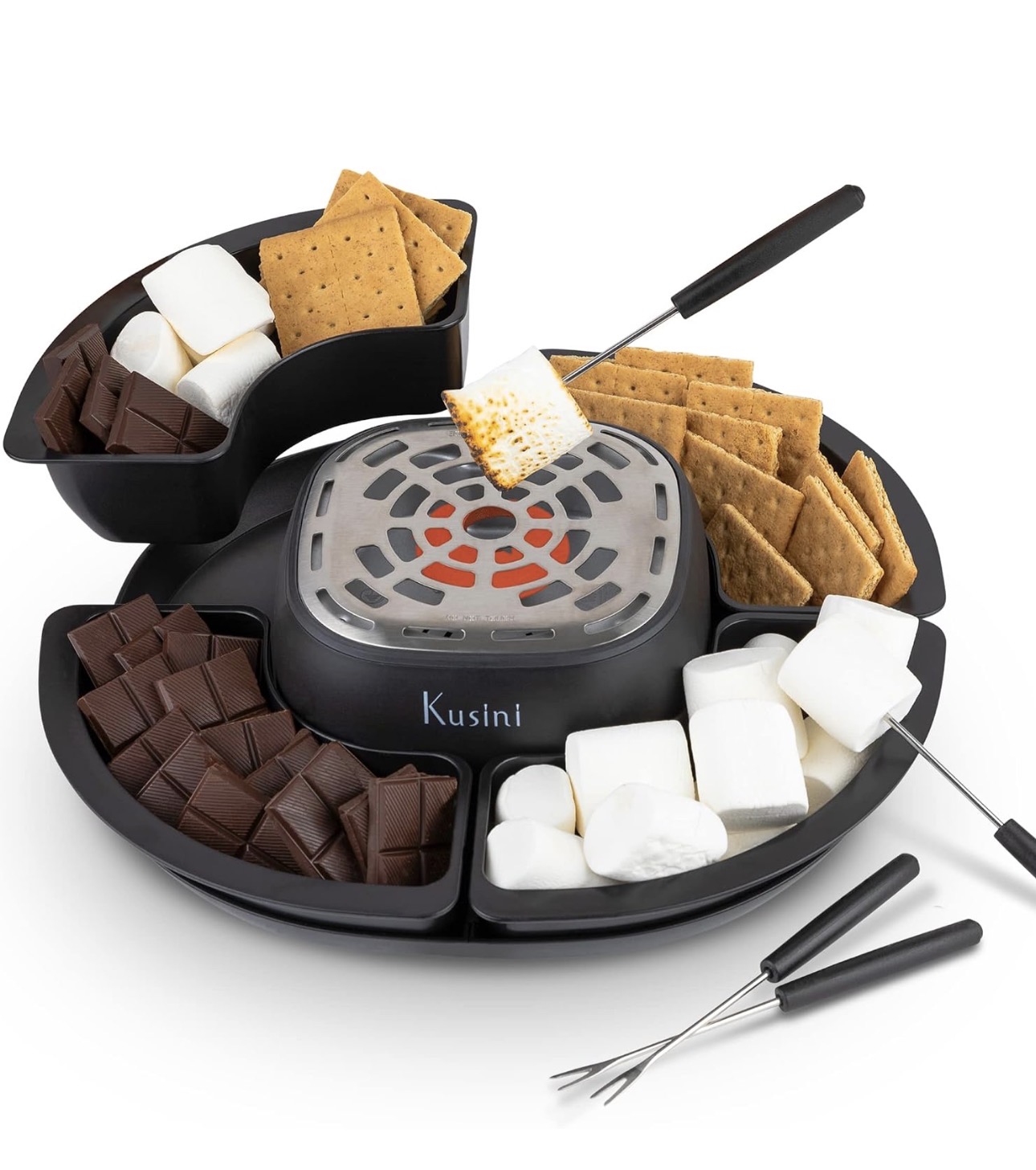 Portable tabletop s'mores maker with chocolate, marshmallows, and graham crackers