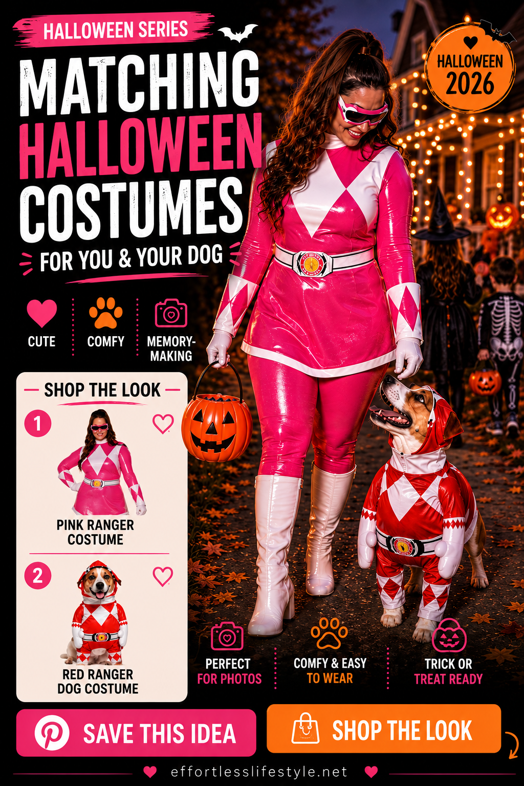 Matching Power Ranger Halloween costumes for a woman and her dog
