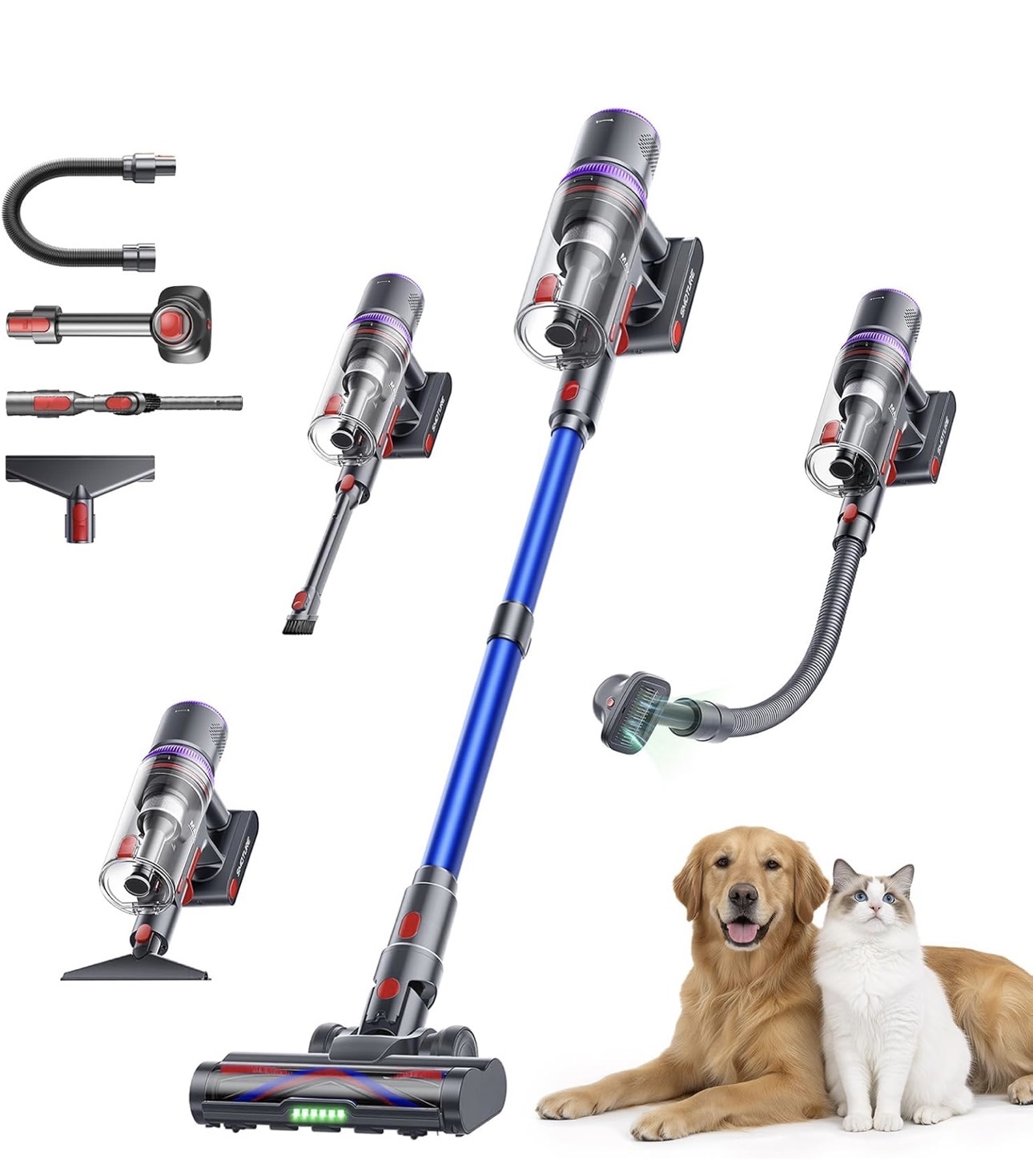 Cordless pet hair vacuum with blue wand and motorized floor head.