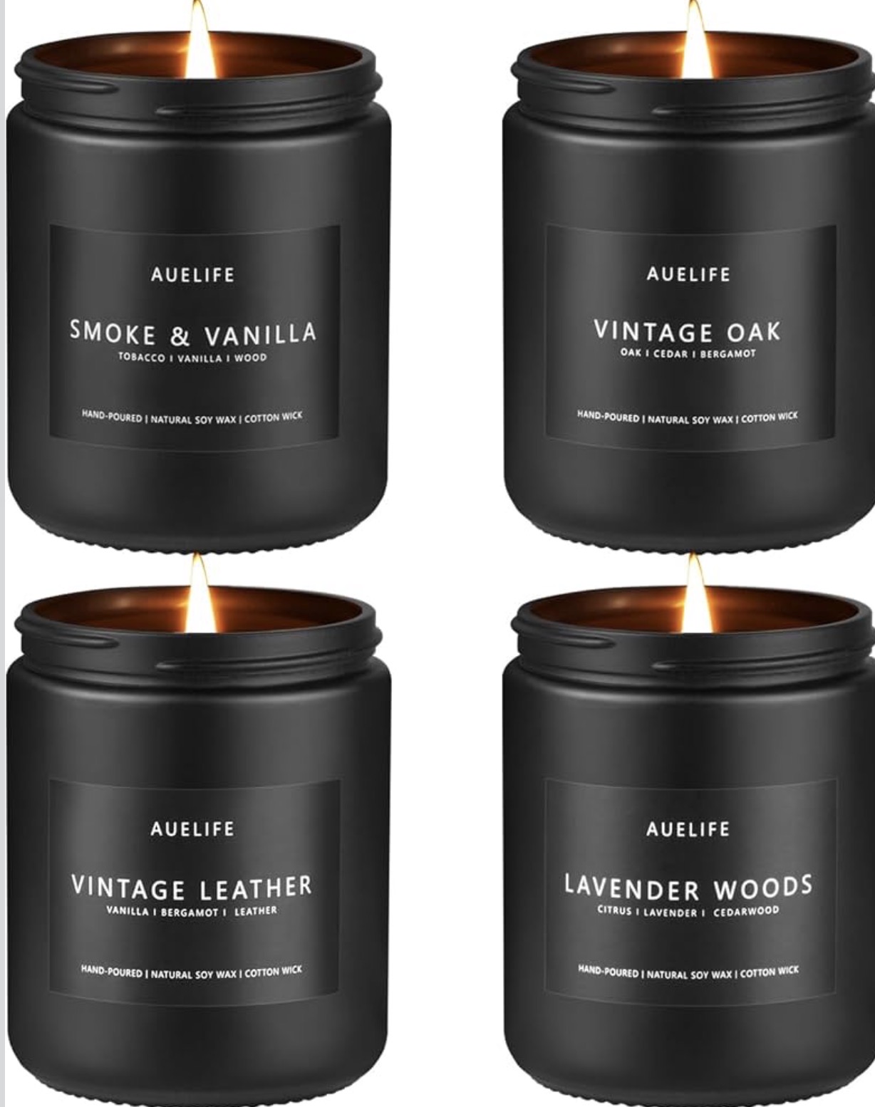 Black scented candle jars including Vintage Oak.