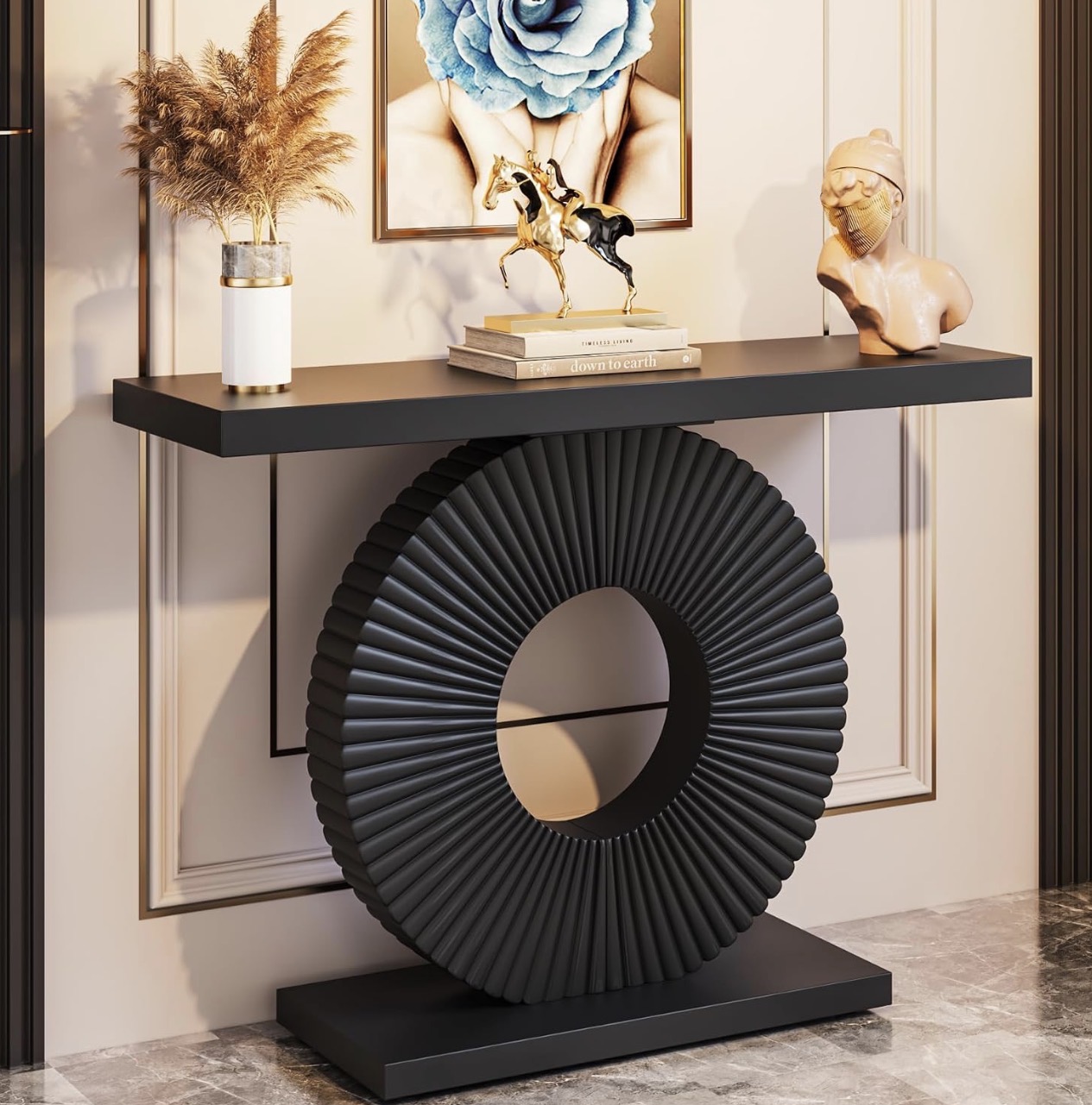 Giantex black sculptural console table with circular base