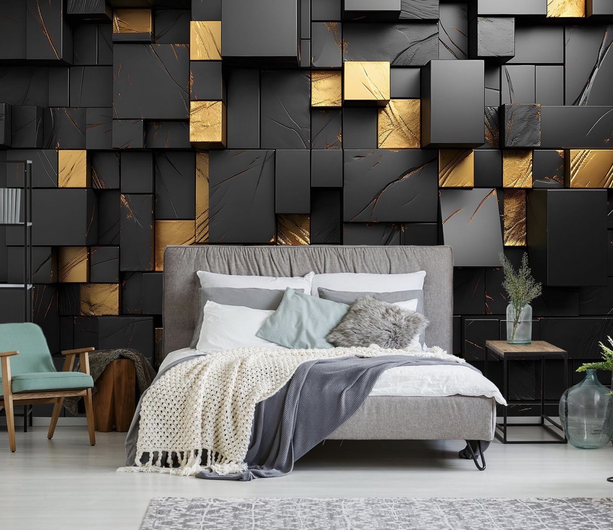Black and gold three-dimensional geometric wallpaper for a dramatic Neo Deco feature wall.