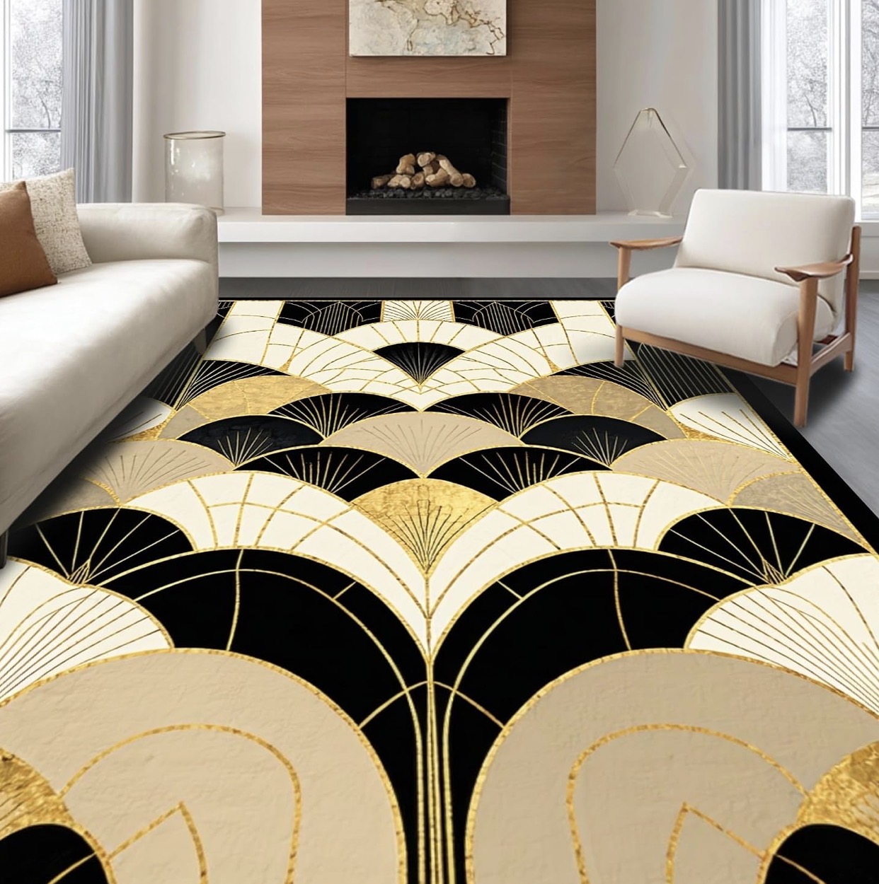 Black and gold geometric Neo Deco area rug