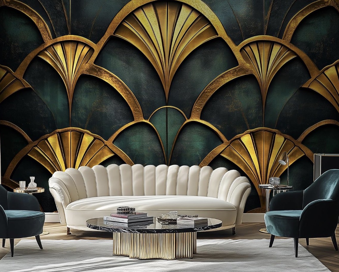 Emerald blue and gold arch wallpaper with an elegant Art Deco-inspired pattern.