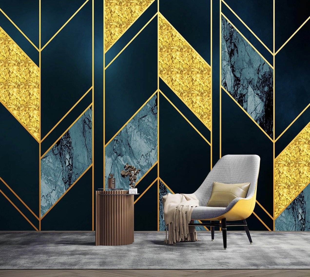 Blue and gold chevron wallpaper with a modern metallic geometric design.