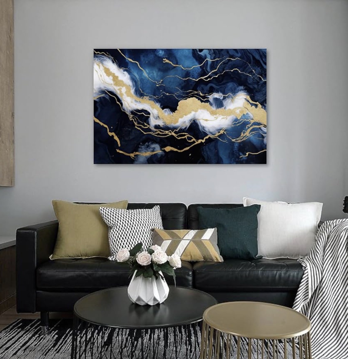 Navy blue white and gold abstract wall art
