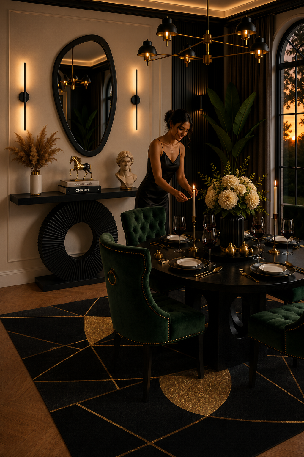 Forest green Neo Deco dining room with emerald velvet chairs, a black round dining table, black-and-gold geometric rug, asymmetrical mirror, wall sconces and sculptural console