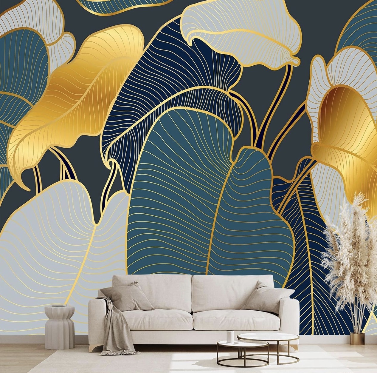 Gold leaf wallpaper with a luminous organic metallic pattern.