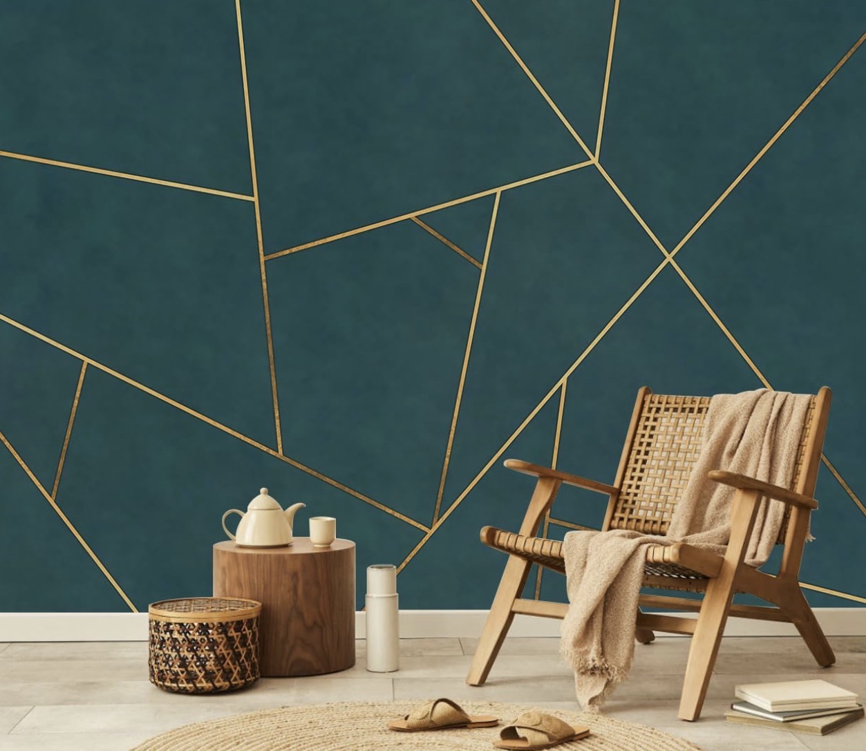 Green and gold geometric wallpaper with bold Art Deco-inspired shapes.