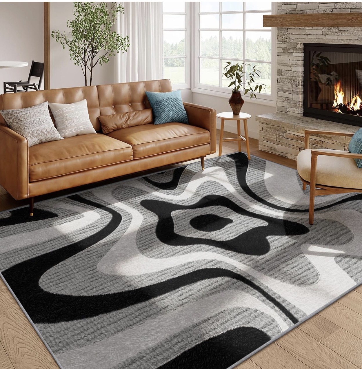 Black grey cream and gold wavy geometric area rug