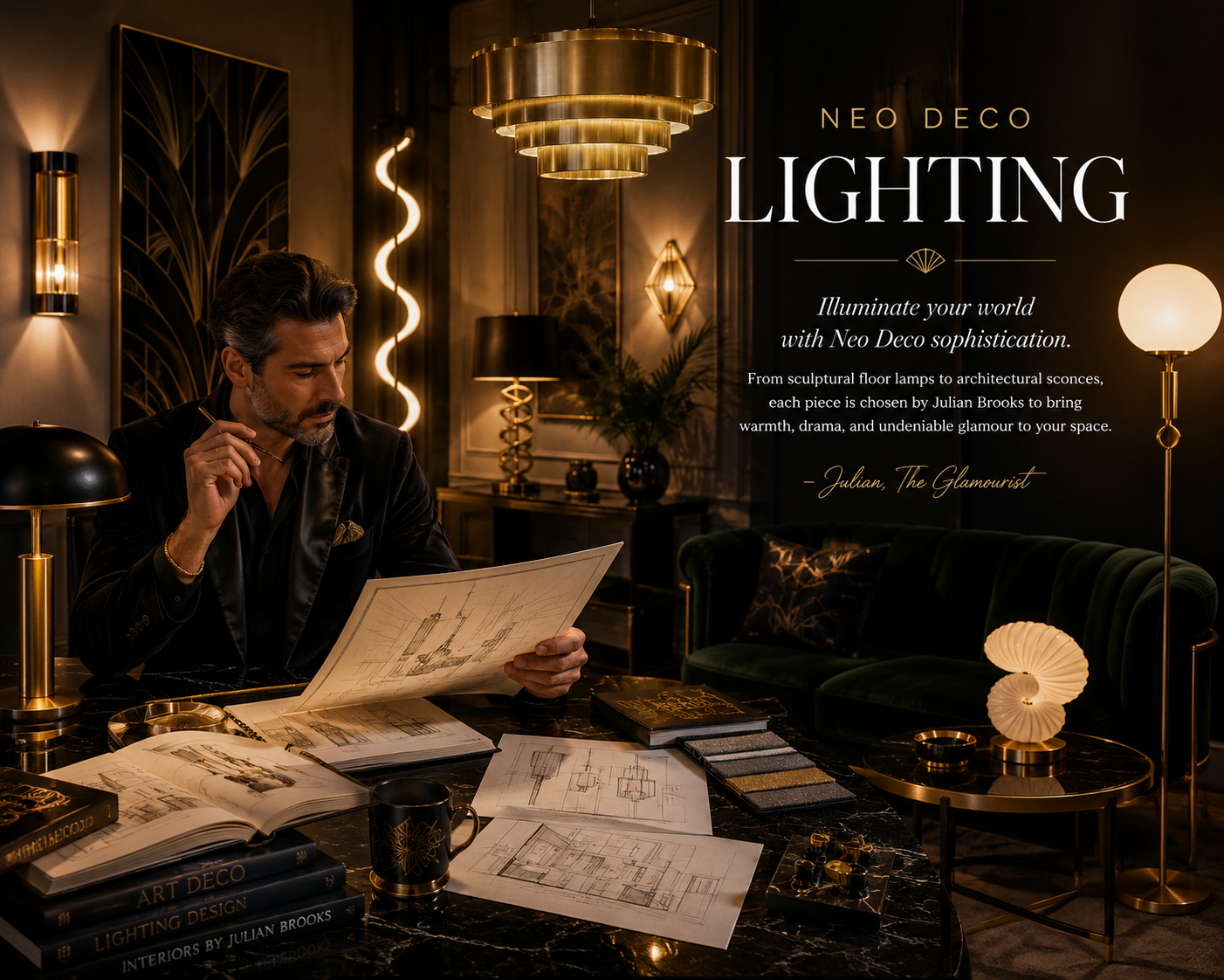 Neo Deco Lighting editorial rendering featuring Julian Brooks in a richly layered room illuminated by sculptural floor lamps and architectural wall sconces.