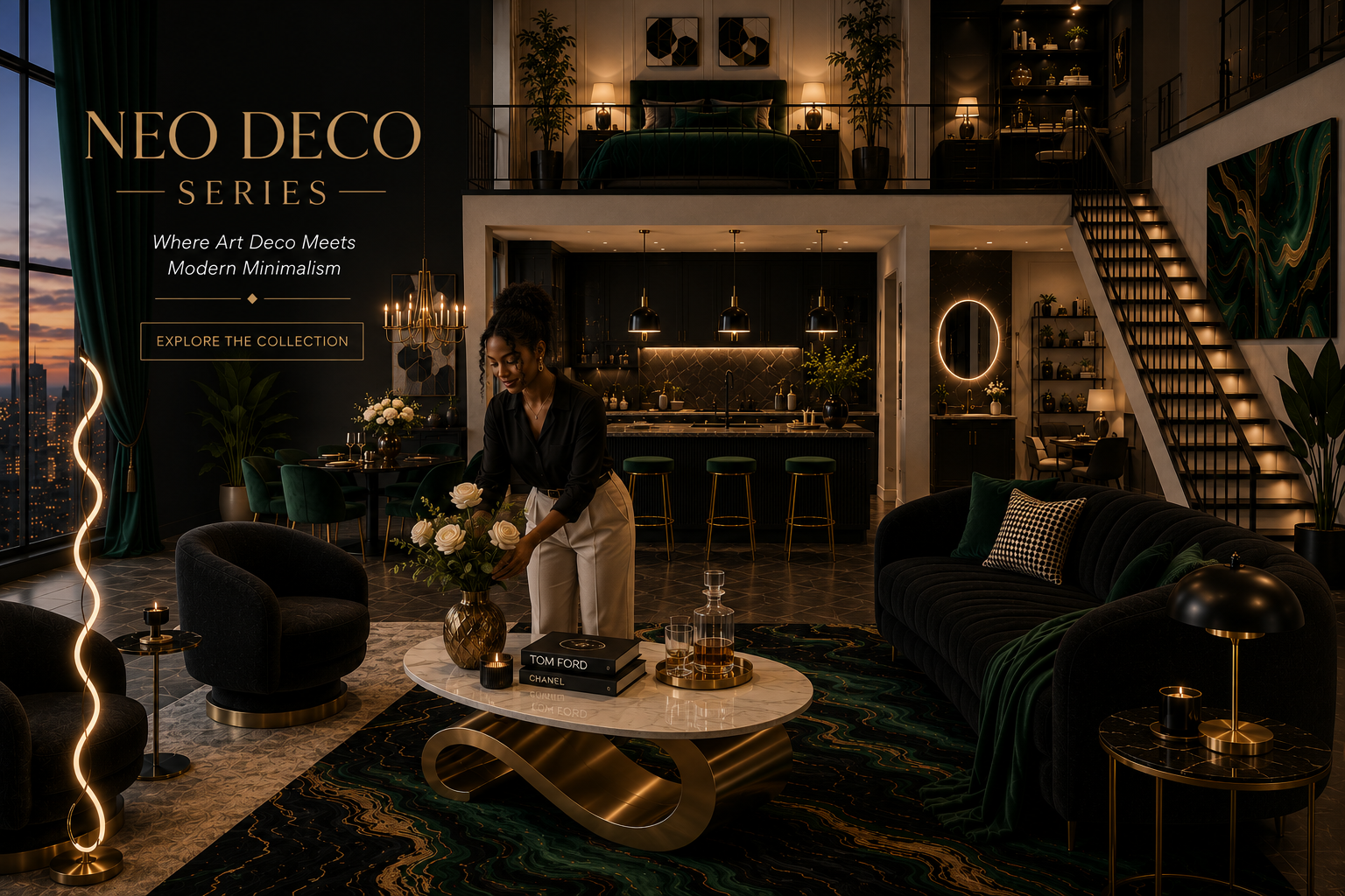 A dramatic Neo Deco interior with sculptural furniture, bold geometry and warm metallic accents