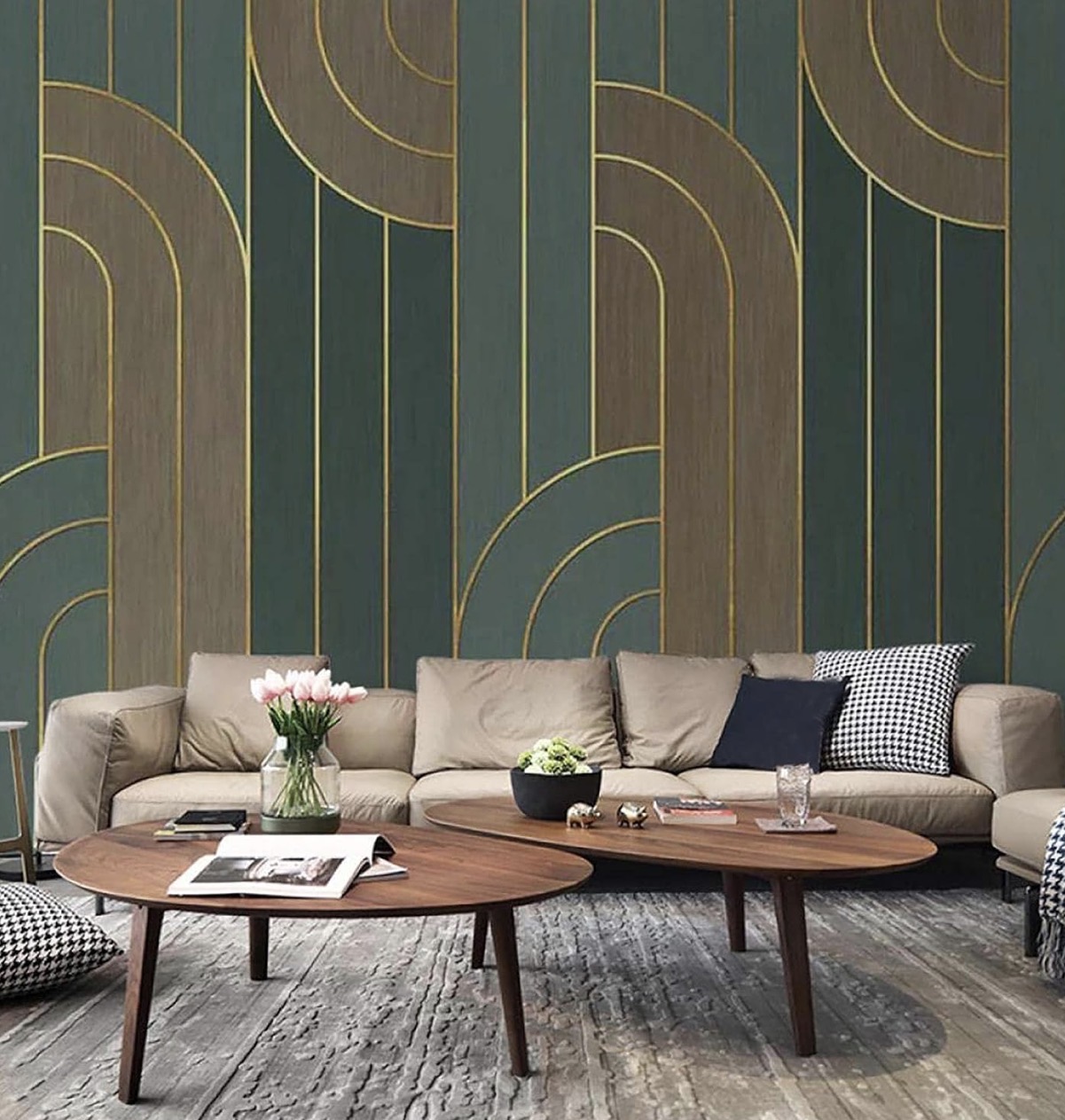 Olive green and bronze geometric wallpaper with a refined Neo Deco pattern.