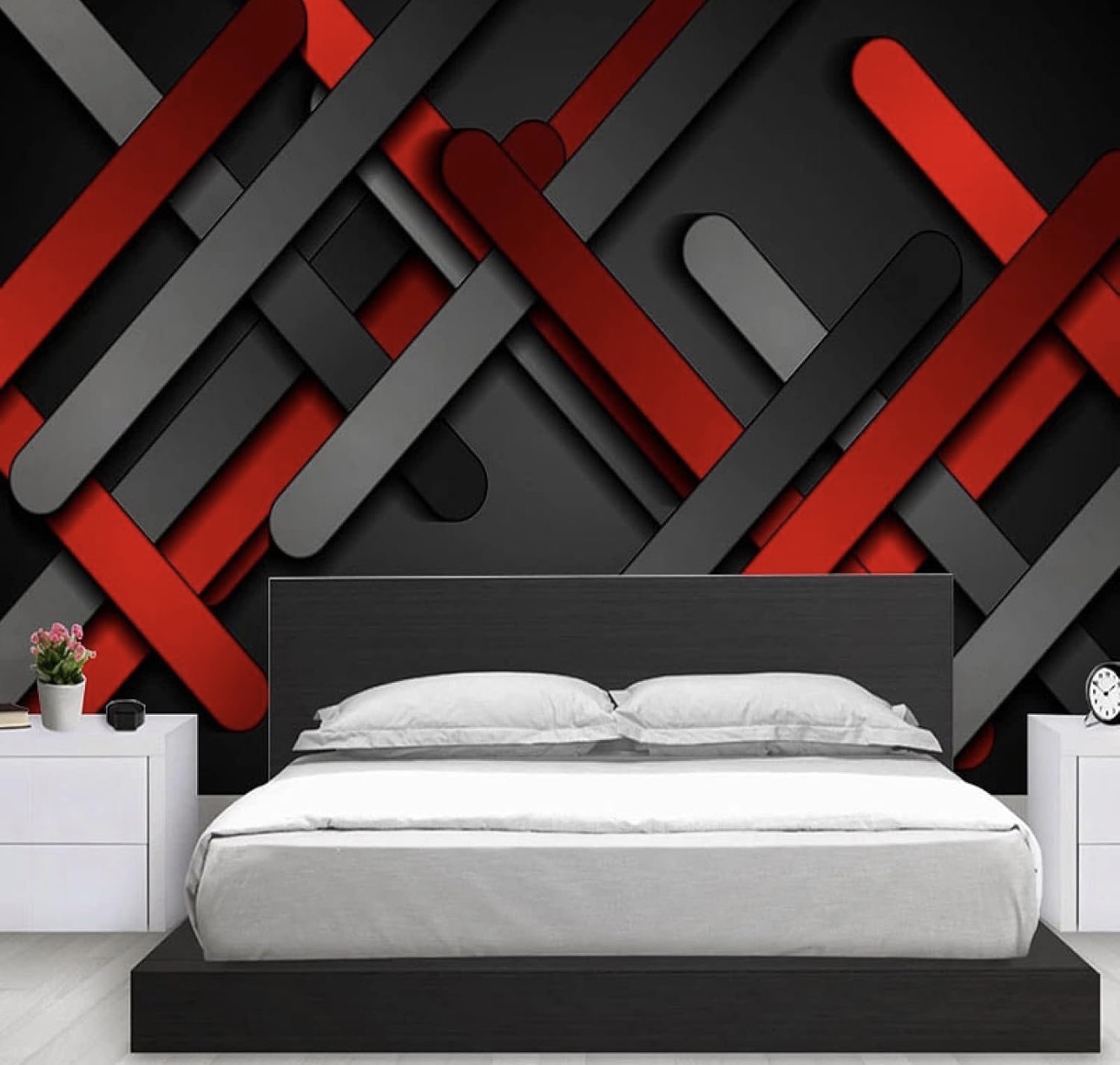 Red and gray diagonal weave wallpaper with a bold graphic pattern.