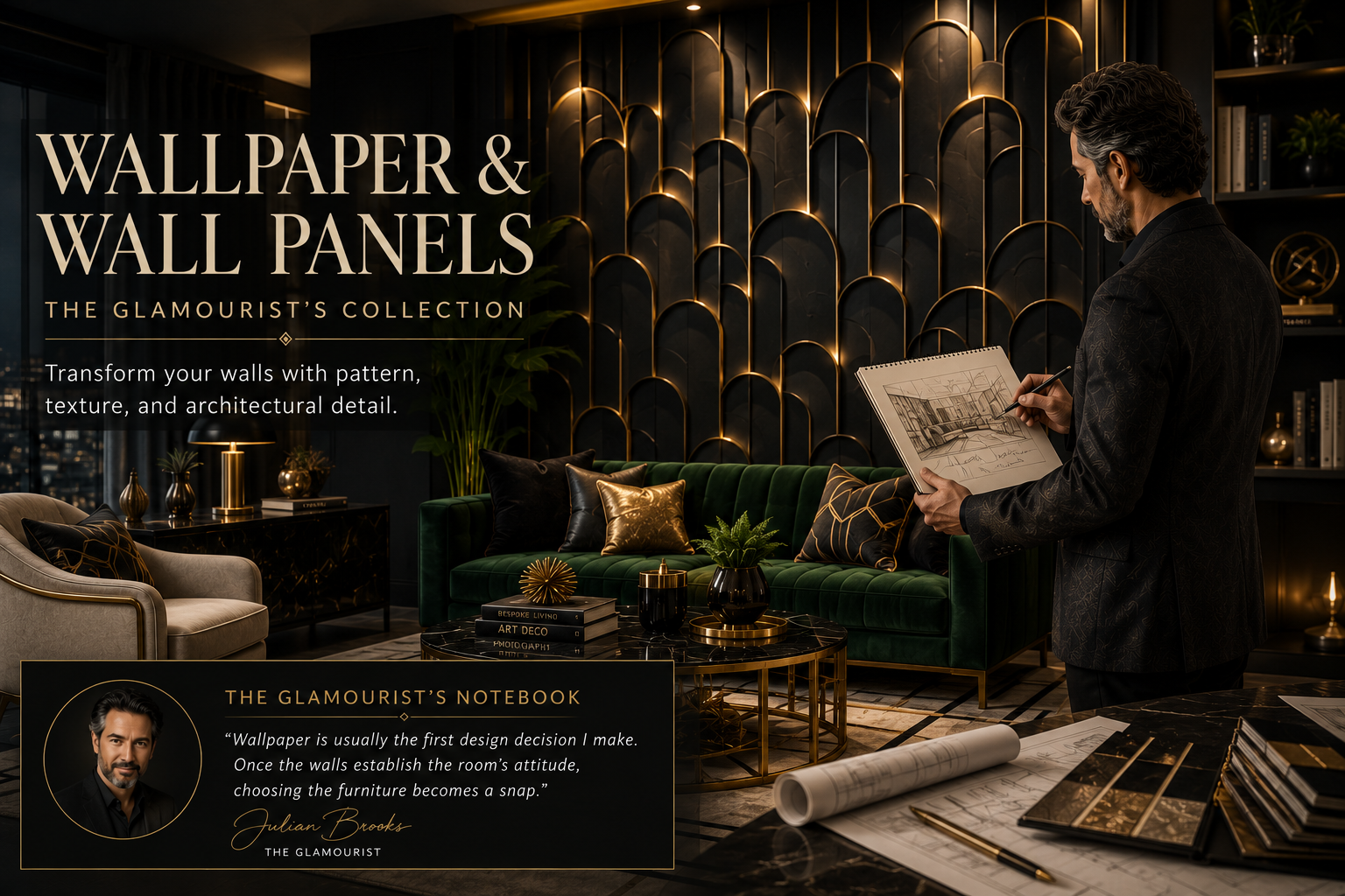 Neo Deco wallpaper and wall panels editorial rendering featuring Julian Brooks in a luxurious room layered with geometric wallpaper, architectural wall panels, and metallic details.