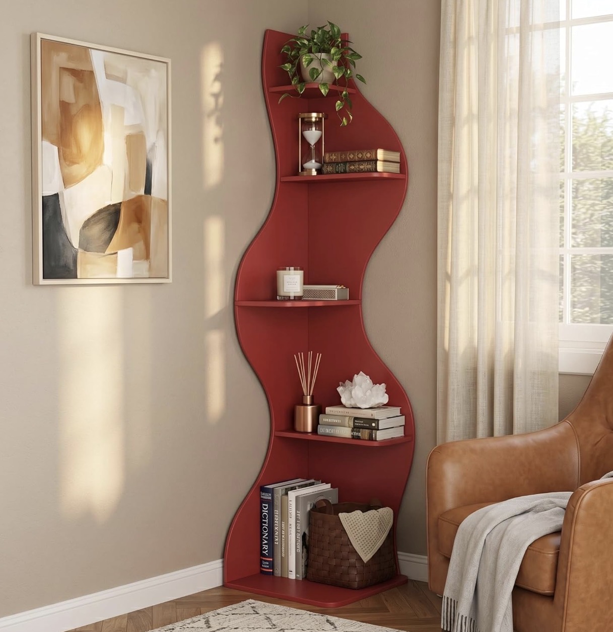 Dark sculptural wavy corner bookshelf