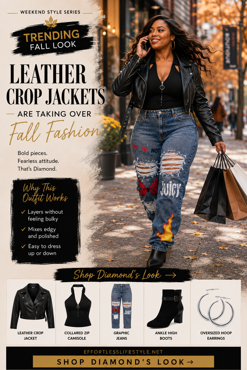 Confident woman wearing a cropped black leather jacket, black camisole, graphic jeans, ankle boots, and silver hoop earrings