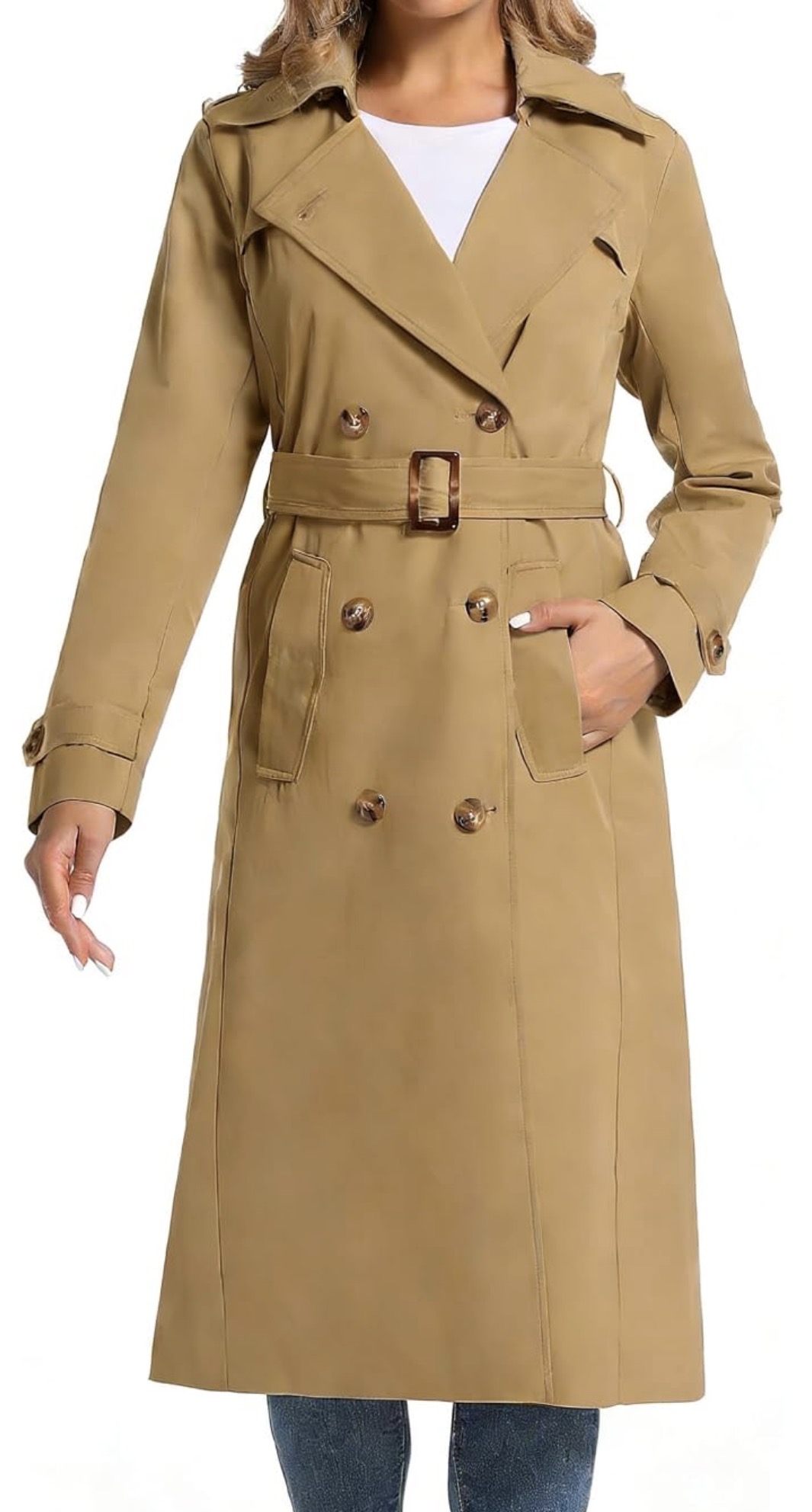 Camel double-breasted trench coat with waist belt.