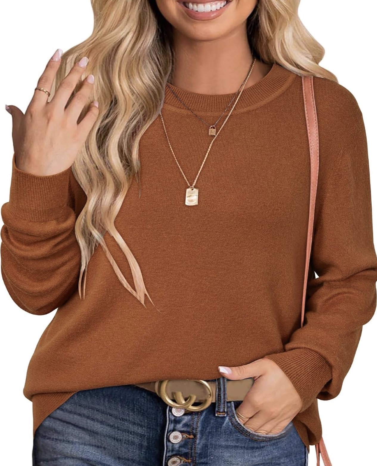Caramel brown crewneck knit sweater.