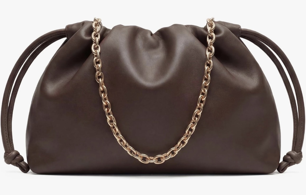 Chocolate brown crossbody bag with gathered shape and gold chain detail.