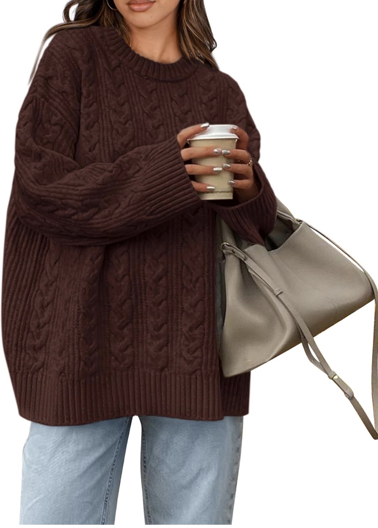 Oversized coffee-colored cable-knit sweater