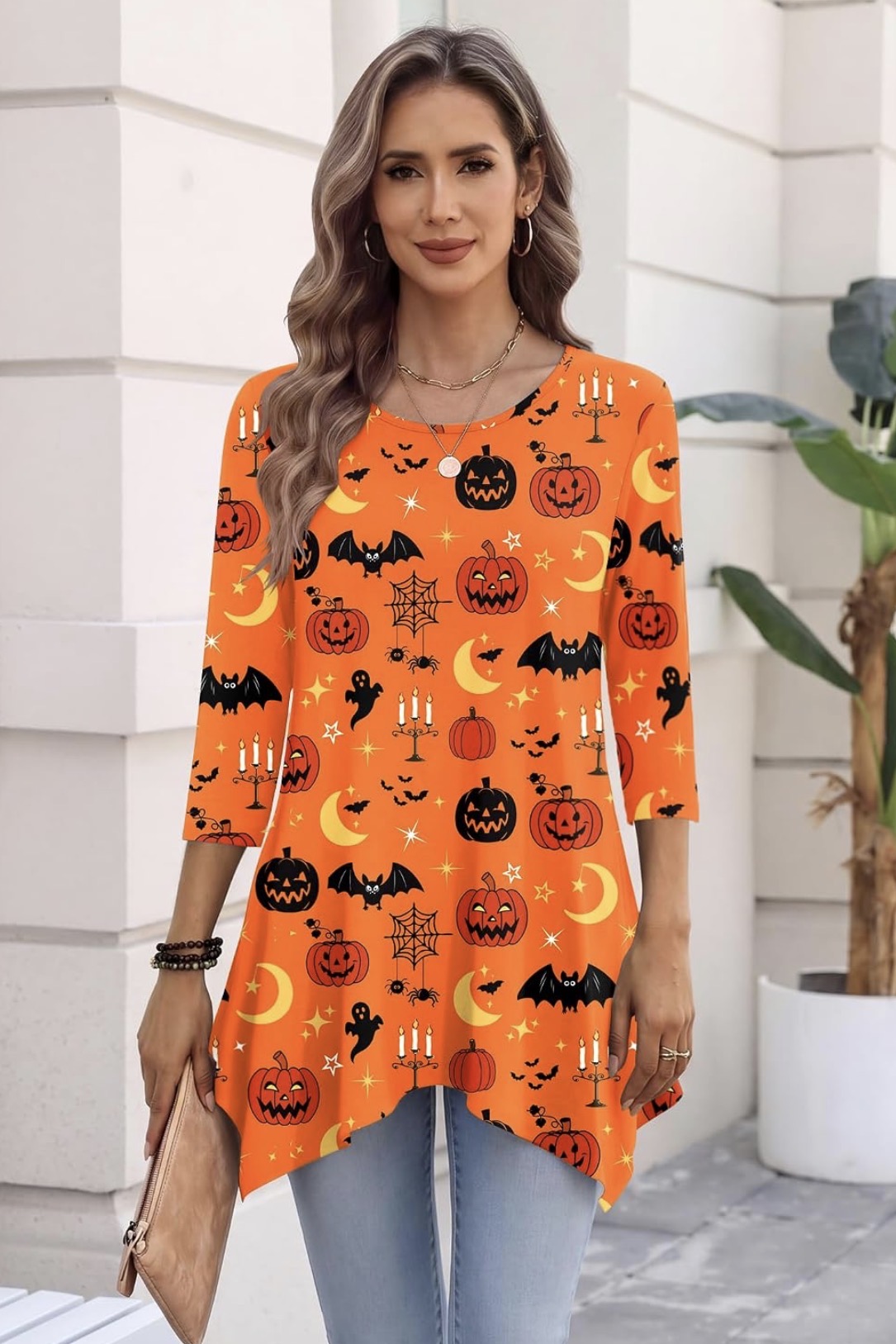 Orange Halloween pumpkin-print tunic top