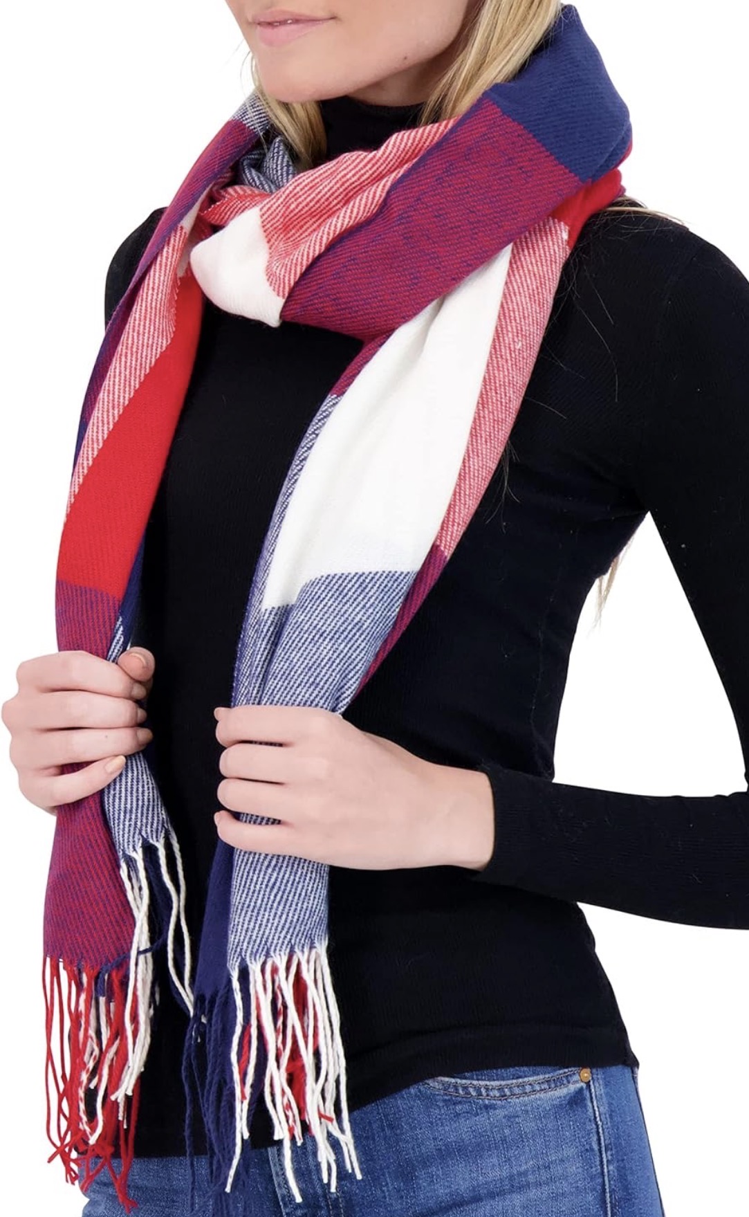 Red, white, navy, and gray plaid blanket scarf with fringe.