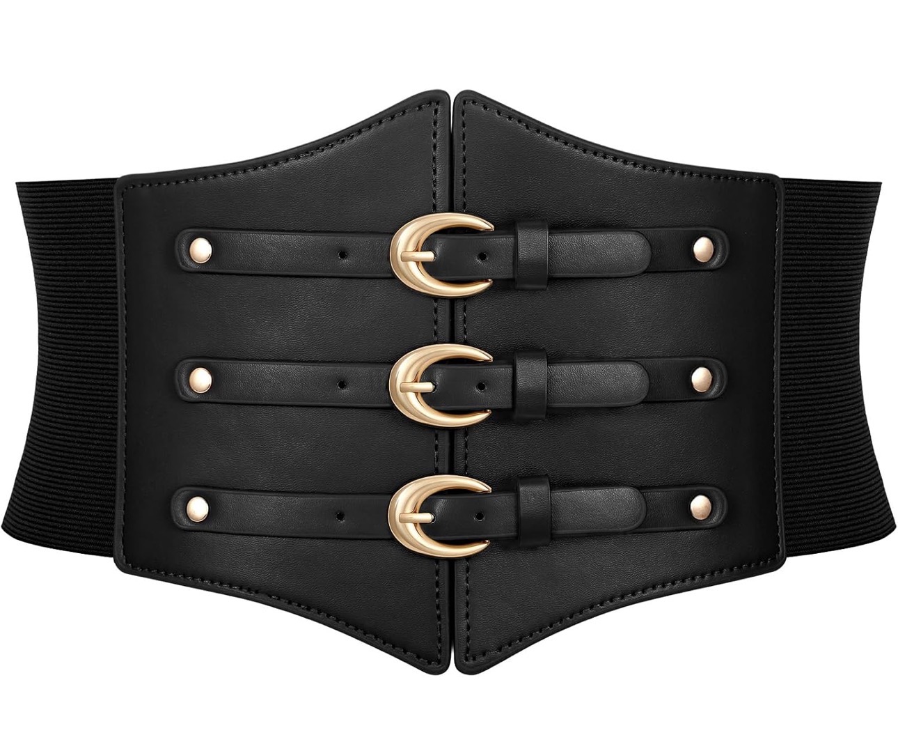 Wide black corset belt with three buckles