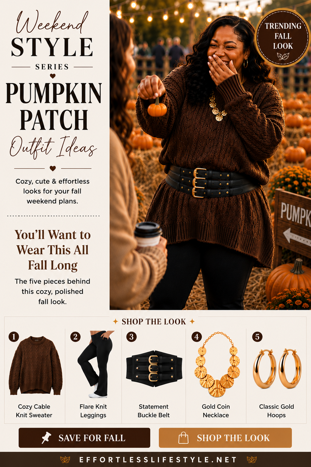 Diamond Monroe laughing with a friend while holding a tiny pumpkin at a pumpkin patch in a cozy coffee-colored sweater and black outfit