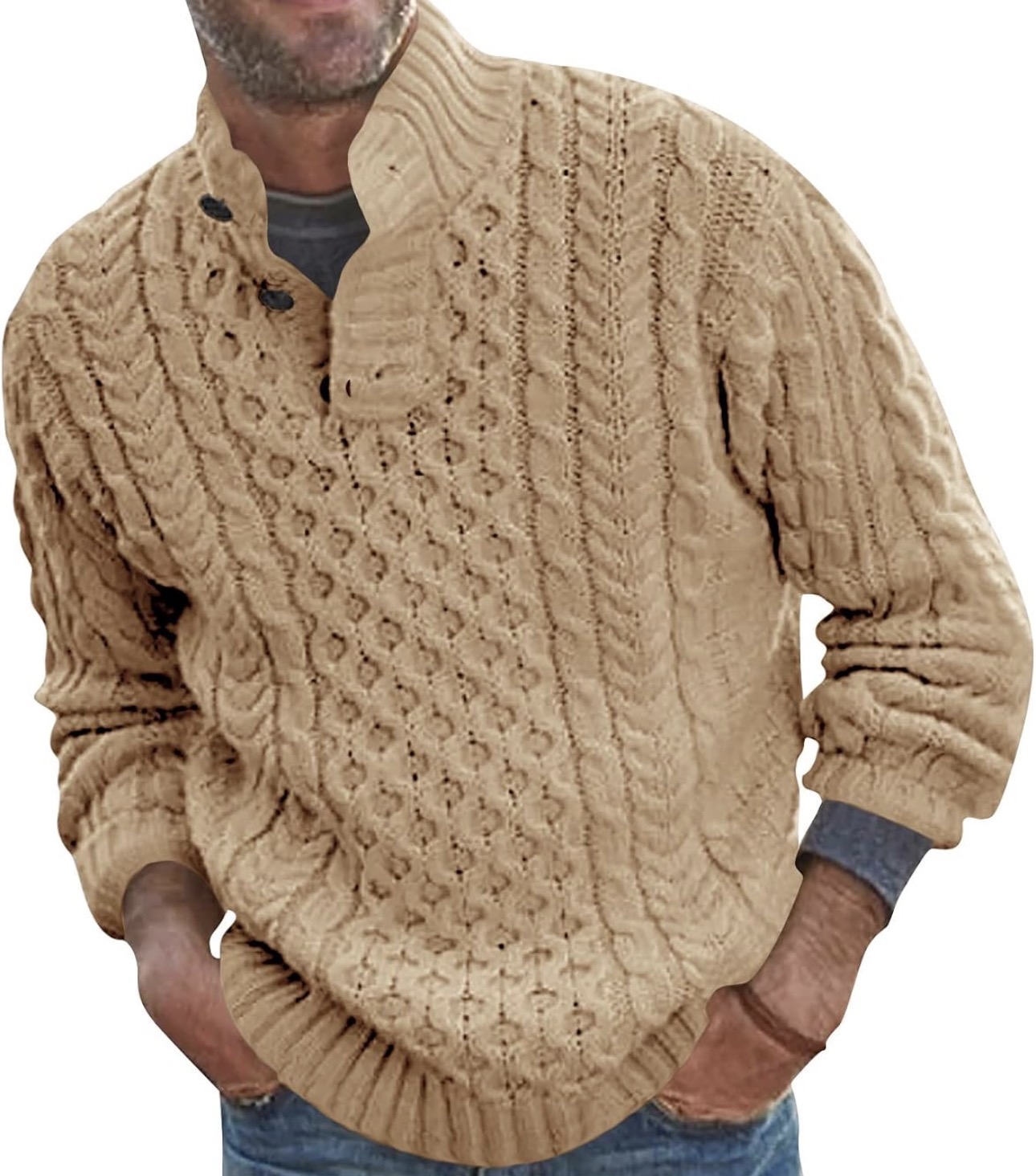 Men's cable-knit sweater available in multiple fall colors