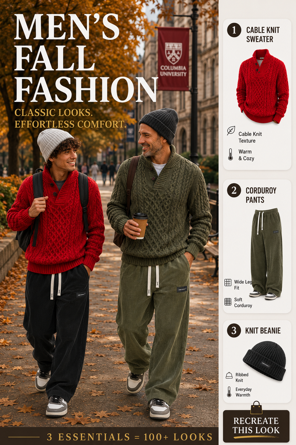 Alternate men's fall fashion combinations showing different sweater, corduroy pant and knit beanie colors